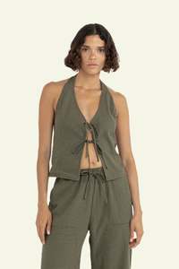 Top: Louise Check Halter Top - Olive