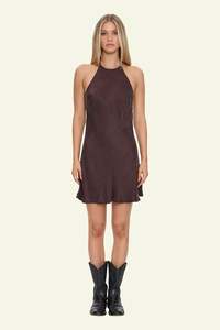Dress: Celeste Bias Halter Mini Dress - Postal Brown