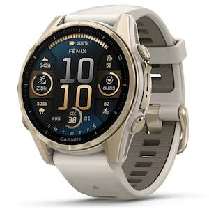 Garmin Watches: Garmin Fenix 8 43mm AMOLED Sapphire Soft Gold with Fog Grey/Dark Sandstone Silicone Band