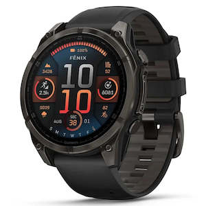 Garmin Watches: Garmin Fenix 8 47mm AMOLED Sapphire Carbon Gray DLC Titanium with Black/Pebble Gray Silicone Band