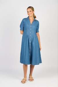 Cap sleeve shaped waist button up dress with pockets