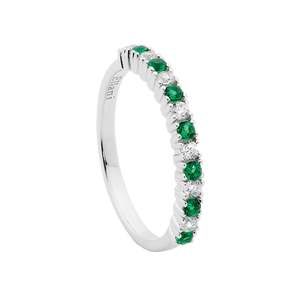 Rings: Ellani Sterling Silver Cubic Zirconia Single Row White & Green Ring #24347