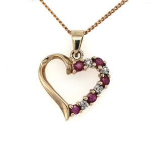 Pendants: 9ct Yellow Gold Ruby & Diamond Half Gem Heart Pendant #