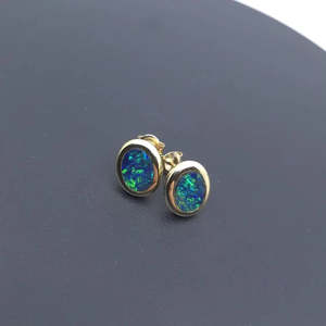 14ct Yellow Gold Oval Doublet Opal Earrings #19151
