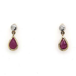 9ct Yellow Gold Ruby & Diamond Classic Pear Shaped Rub Over Drop Earrings #17821