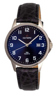 Watches: Olympic Titanium 12 Figure Blue Dial Leather Strap Watch #24797