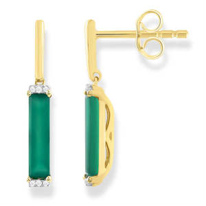 9ct Yellow Gold Diamond and Green Onyx Drop Earrings #24149