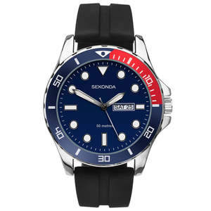 Sekonda Mens Blue Dial Watch Black Rubber Strap Quartz 43mm 50m #25598