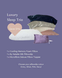 By Natalie Pillows: Luxury Sleep Trio: Cooling Memory Foam Pillow, Silk Pillowslip + Microfiber Topper - Save $114!