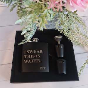 Custom Gifts: Black Personalised Hip Flask Set
