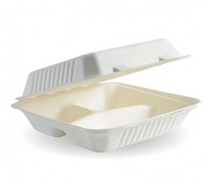 Food Clams: 23X23X8CM 3-COMPARTMENT WHITE BIOCANE CLAMSHELL