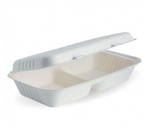 Food Clams: 28X16X7CM / 11.6X6X3" 2-COMPARTMENT WHITE BIOCANE CLAMSHELL