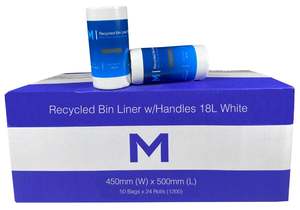 Rubbish Bags: POR Recycled Bin Liner w/Handles 18L - White, 450mm x 500mm x 15mu (1200) Per Box