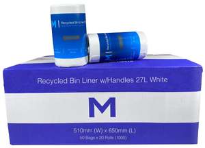 POR Recycled Bin Liner w/Handles 27L - White, 510mm x 650mm x 15mu (1000) Per Box