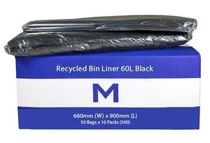 FP Recycled Bin Liner 60L - Black, 660mm x 900mm x 20mu (500) Per Box