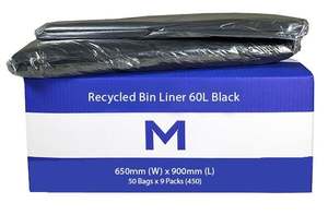 FP Recycled Bin Liner 60L - Black, 650mm x 900mm x 30mu (450) Per Box