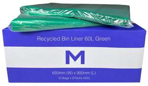 Rubbish Bags: FP Recycled Bin Liner 60L - Green, 650mm x 900mm x 30mu (450) Per Box