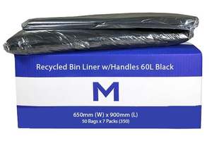 Rubbish Bags: FP Recycled Bin Liner w/Handles 60L - Black, 650mm x 900mm x 30mu (350) Per Box
