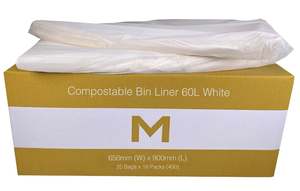 FP Compostable Bin Liner 60L - White, 650mm x 900mm x 30mu (450) Per Box
