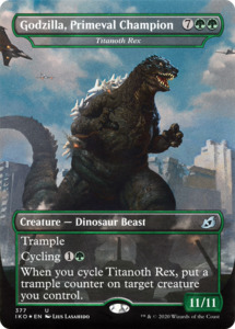 Mtg Singles Instock: Titanoth Rex (IKO-377) [Ikoria: Lair of Behemoths] / Godzilla, Primeval Champion (Borderless) Foil