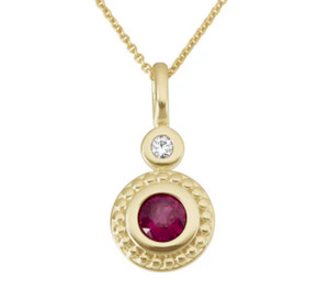 Gold Pendants: Diamond and Ruby Pendant in 9ct Yellow Gold