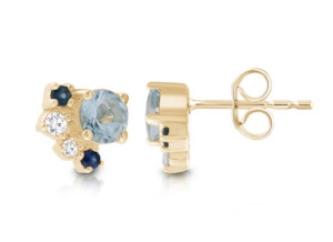 Coloured Stone Collection1: Diamond, Sapphire and Aquamarine earrings set in 9ct YG