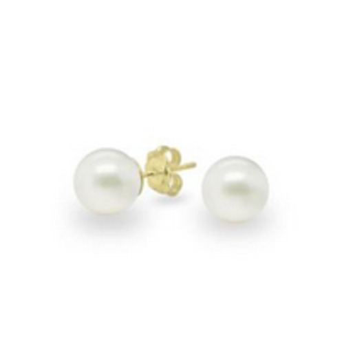 Round White Freshwater Pearl Stud Earrings - 9ct Yellow Gold 8–8.5mm