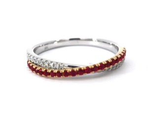 Coloured Stone Collection1: 9ct White Gold Cross Over Ruby and Diamond ring