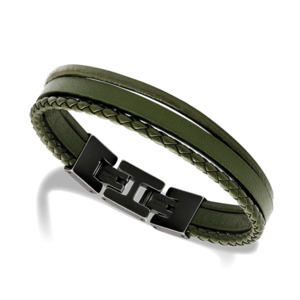 Stanford - 3 Strand Khaki Green Flat Braided and Round Leather Straps 21cm. Adjustable