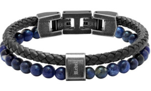 Karma - Bracelet Rochet - Navy Braided Leather and Beaded Leather