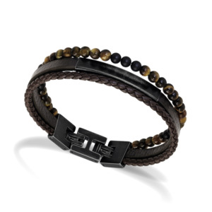 Yale - Steel Polished Bracelet - Brown Flat Leather Strap with Tigers Eye
