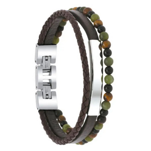 Yale - Steel Polished Bracelet - Brown Flat Leather Strap with Jasper