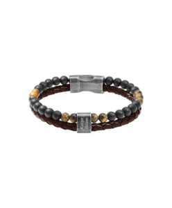 Karma - Bracelet Rochet - Brown Braided Leather and Beaded Leather