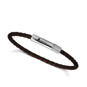 Driver: 28mm Steel Bracelet with 3.5mm Braided Leather Strap - Brown - 20.5cm