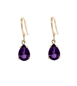 Earrings: 9ct Yellow Gold Amethyst Pear Drop Hook Earrings