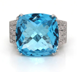 Coloured Stone Rings: 9ct White Gold Cushion Blue Topaz & Diamond ring