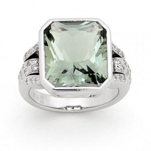 Coloured Stone Rings: 9ct White Gold Octagonal Green Amethyst Ring with Diamonds