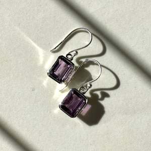Sterling Silver Rectangular Amethyst Emerald Cut Style Drop Earrings