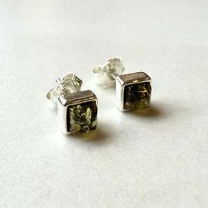 Sterling Silver Rubover Square Green Amber Studs