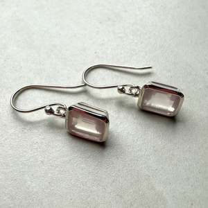 Sterling Silver Rectangular Rose Quartz Emerald Cut Style Drop Earrings
