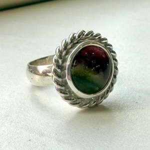 Sterling Silver Watermelon Tourmaline Rope Twist Ring