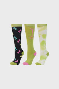 Childrens Clothing Accessories 1: DUBLIN 3 PACK SOCKS LIME HORSES CHILDS