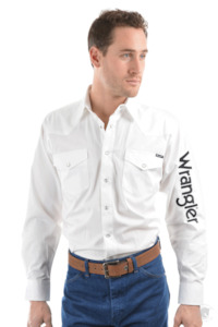 Polos Shirts T Shirts: Wrangler Men's Logo Rodeo Long Sleeve Drill Shirt White