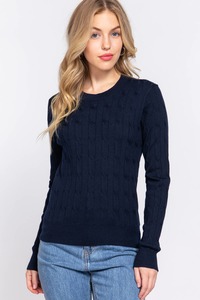Long Sleeve Cable Neck Sweater - Navy