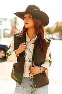 Casual Clothing: Olive Quilted Leather Bootstitch Crop Vest