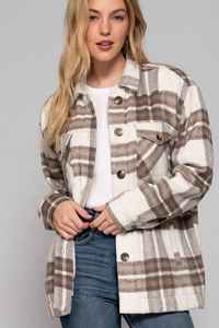 Casual Clothing: Brushed Plaid 'Shacket' - Taupe/Brown