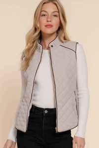 Casual Clothing: Quilted vest with suede piping - Light Taupe