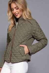 Quilted Jacket with Suede piping - Olive Green