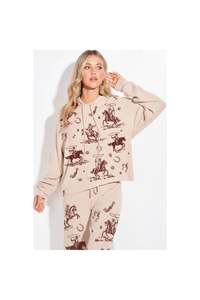 Casual Clothing: Desert Cowgirl Print Rib Hoodie Loungewear/PJ Set