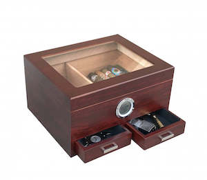 Humidor Upsell: Chalet Glass Top II desktop humidor with Storage drawers in Cherry wood finish (~25-50 count)